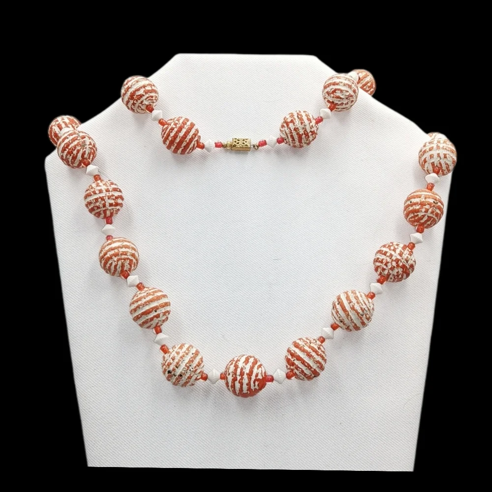 Elegant Striped Bead Necklace - Orange and White